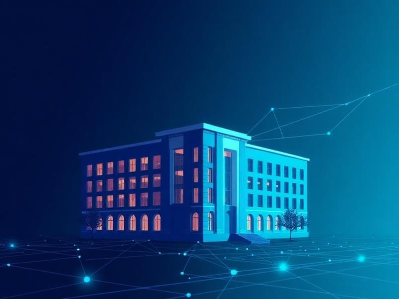 Campus building connected by a digital network graphic