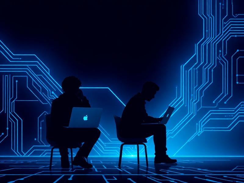 Students learning technology with laptops surrounded by circuit patterns